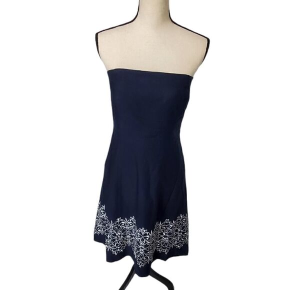 Loft Cotton Strapless Navy Midi Dress - Picture 1 of 9
